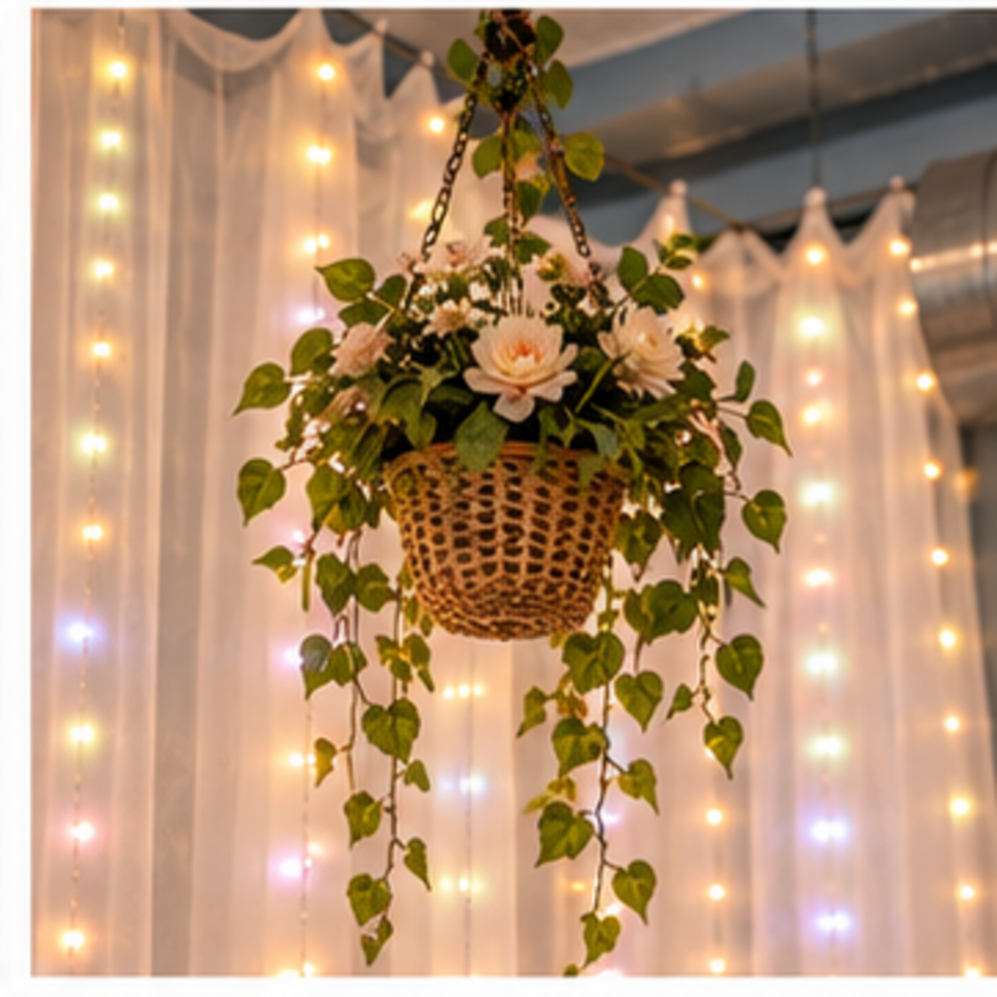 Hanging basket of flowers and trailing vines against a curtain of warm fairy lights