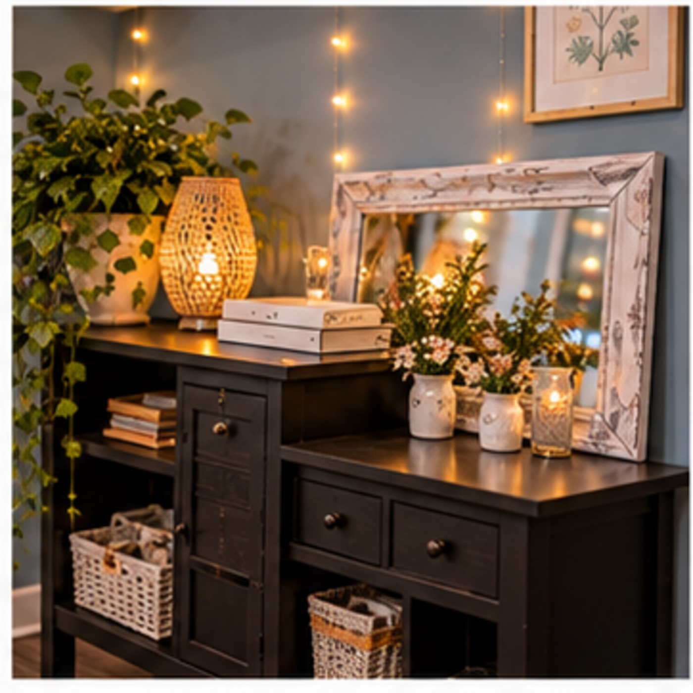 Cozy studio vignette with a black console, wicker lamp, mirror, and botanical art